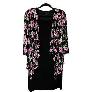 R & K Originals Womens 12 Faux Jacket Dress Black w/ Purple Floral Stretch EUC